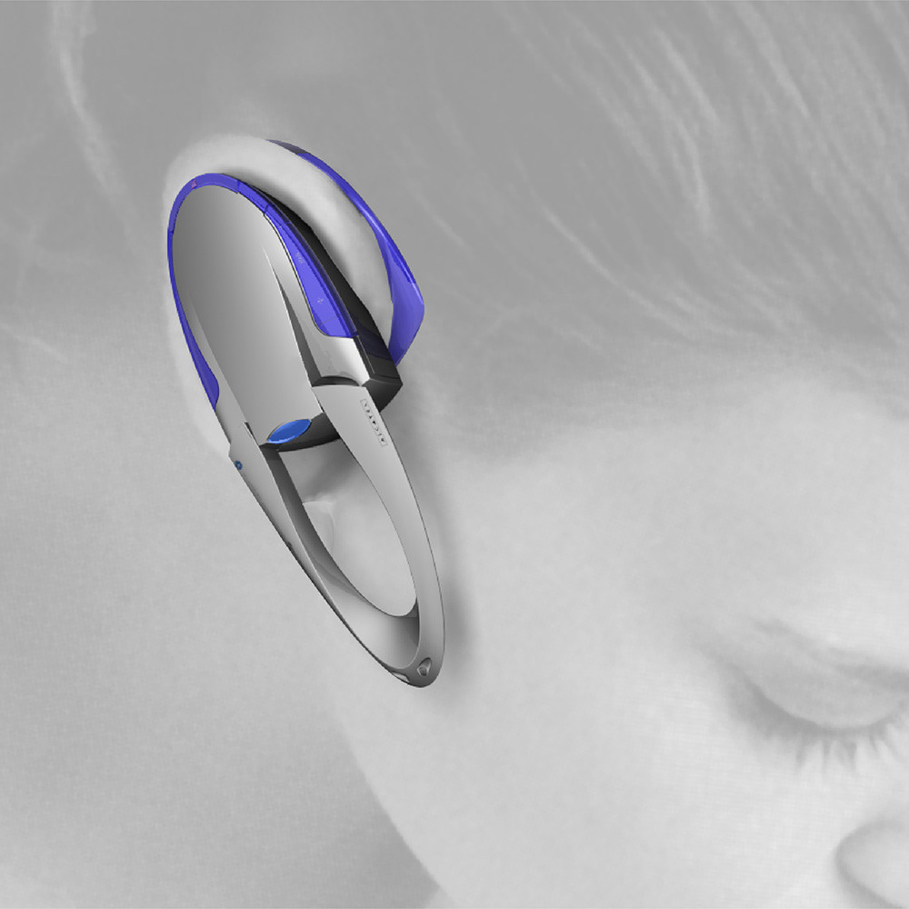 The following year we were invited to create the enhanced bluetooth product. For this we looked to a more compact form for portability, allowing a flip out micr